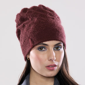 Women's winter Aries Ribbon Hat shown in the colour maroon.