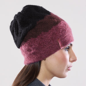 Women's winter Aries Trio Hat shown in the colour mauve to raven.