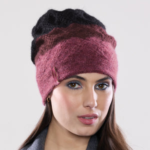 Women's winter Aries Trio Hat shown in the colour mauve to raven.
