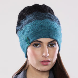 Women's winter Aries Trio Hat shown in the colour teal to raven.