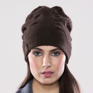 Women's winter Chevron Ribbon Hat shown in the colour chocolate.