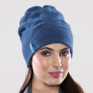 Women's winter Chevron Ribbon Hat shown in the colour denim.