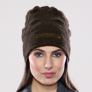 Women's winter Orion Velvet Toque shown in the colour loam.