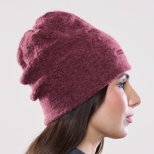 Women's winter Orion Velvet Toque shown in the colour mauve.