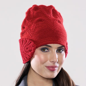 Women's winter Orion Earmuff Hat shown in the colour cardinal.