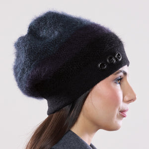 Women's winter Uptown Button Tam shown in the colour ebony to deep ocean.