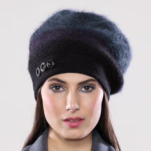 Women's winter Uptown Button Tam shown in the colour ebony to deep ocean.