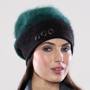 Women's winter Uptown Button Tam shown in the colour ebony to juniper.