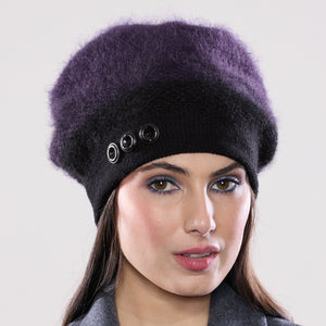 Women's winter Uptown Button Tam shown in the colour ebony to purple.