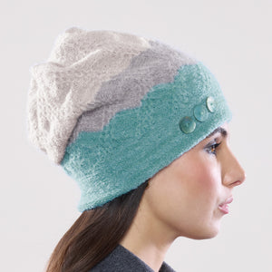 Women's winter Striped Doppelzägger Hat shown in the colour robin's egg/grey frost/oatmeal.