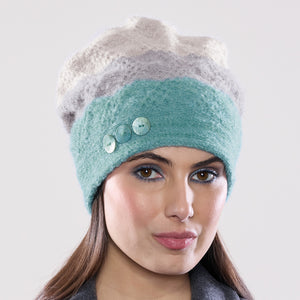 Women's winter Striped Doppelzägger Hat shown in the colour robin's egg/grey frost/oatmeal.