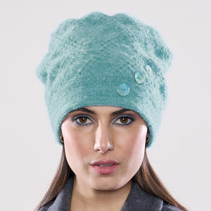Women's winter Doppelzägger Button Hat shown in the colour robin's egg.