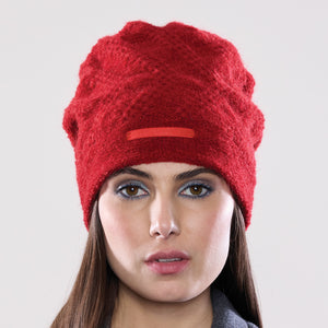 Women's winter Doppelzägger Ribbon Hat shown in the colour poppy.
