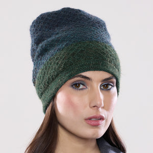 Women's winter Carina Tri-Tone Hat shown in the colour cypress to night teal.
