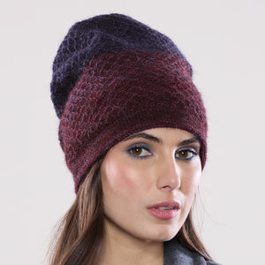 Women's winter Carina Tri-Tone Hat shown in the colour merlot to navy.