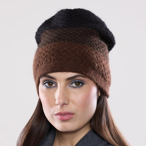 Women's winter Carina Tri-Tone Hat shown in the colour teak to jet.